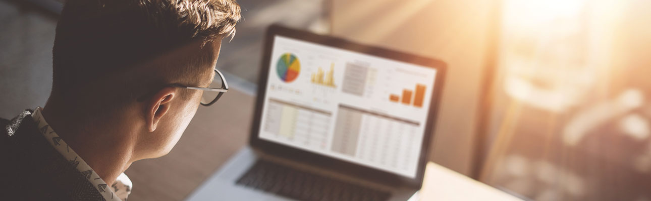 Young man looking at bar graphs on computer